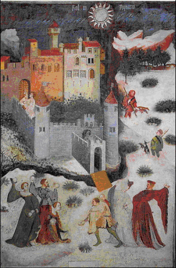 people throwing snowballs outside a town with walls
